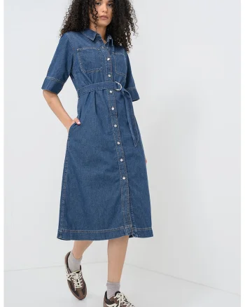 Rochie evazata din denim cu nasturi, Albastru prafuit