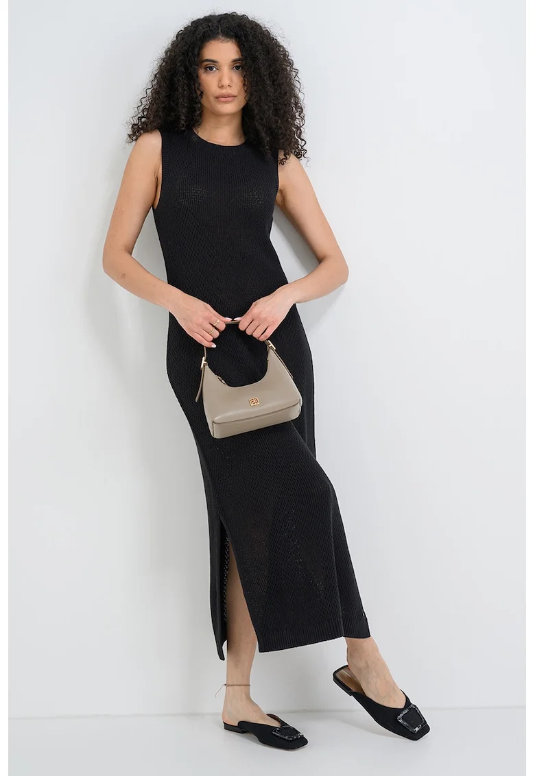 Rochie lunga tricotata fin cu slituri laterale, Negru