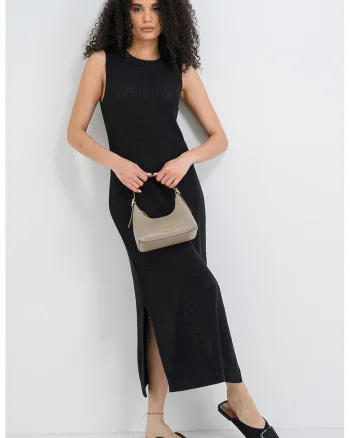 Rochie lunga tricotata fin cu slituri laterale, Negru