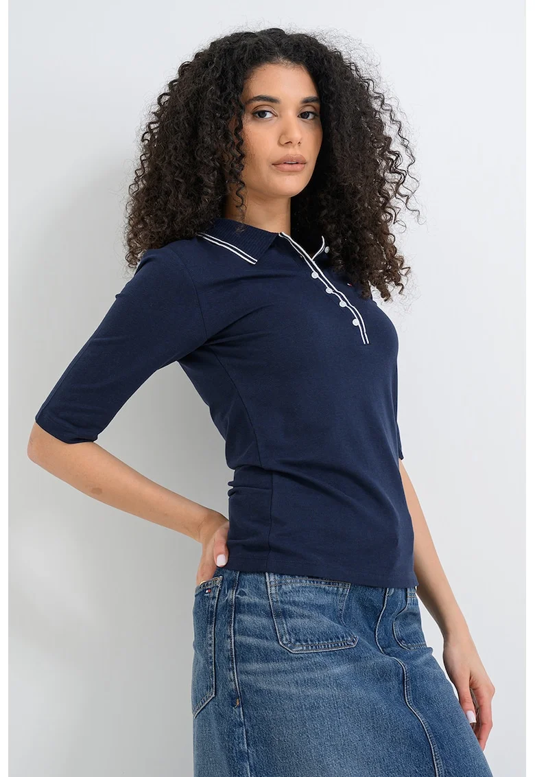 Bluza polo din amestec de lyocell si bumbac cu maneci medii, Bleumarin