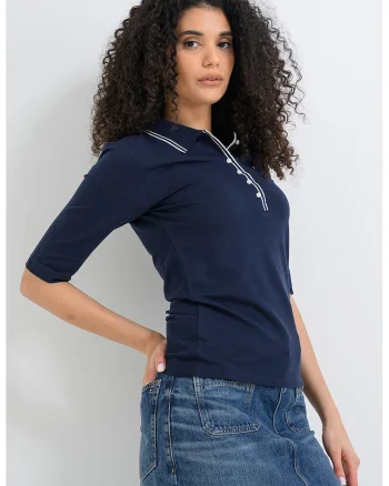 Bluza polo din amestec de lyocell si bumbac cu maneci medii, Bleumarin