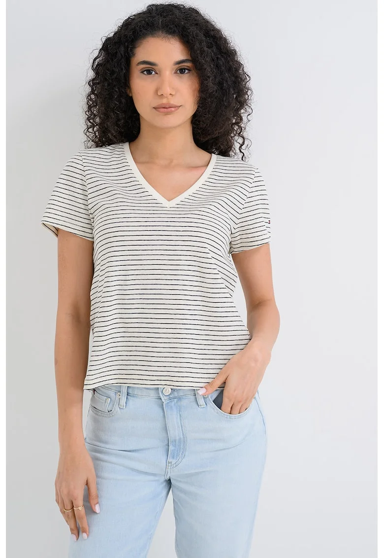 Tricou din amestec de in cu decolteu in V, Alb murdar/Bleumarin