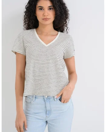 Tricou din amestec de in cu decolteu in V, Alb murdar/Bleumarin