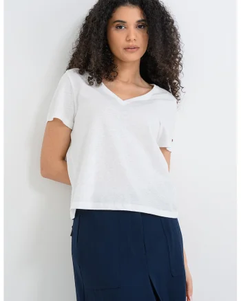 Tricou din amestec de in cu decolteu in V, Alb murdar