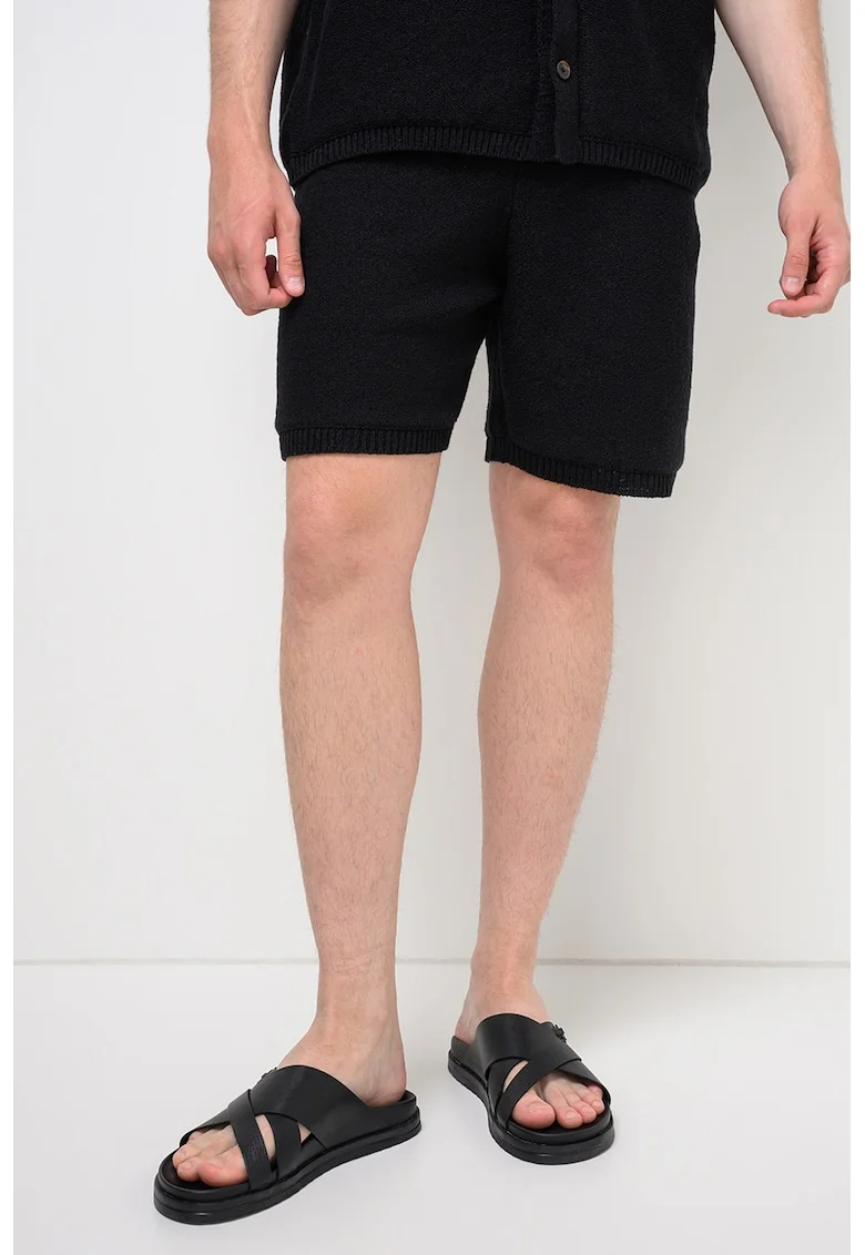 Pantaloni scurti tricotati cu snur de ajustare in talie, Negru
