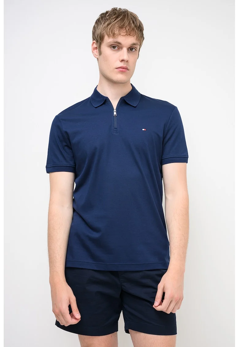 Tricou cu guler polo Interlock, Albastru inchis