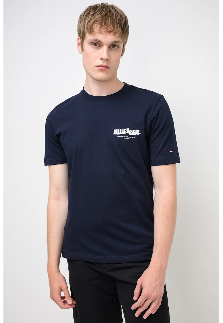 Tricou din bumbac cu imprimeu foto pe partea din spate, Bleumarin