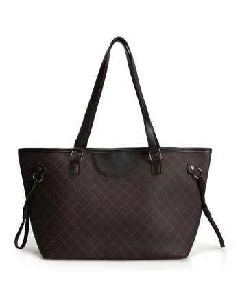 Geanta shopper de piele ecologica cu imprimeu logo, Maro inchis