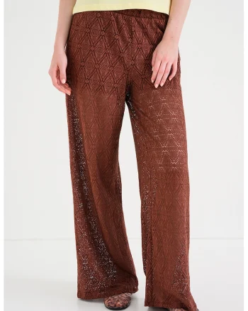 Pantaloni din dantela cu croiala ampla, Maro cognac