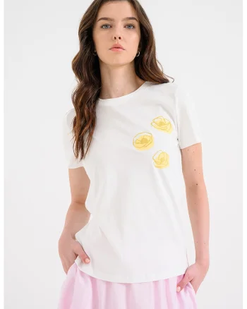 Tricou din bumbac organic cu decolteu la baza gatului, Alb/Galben sofran