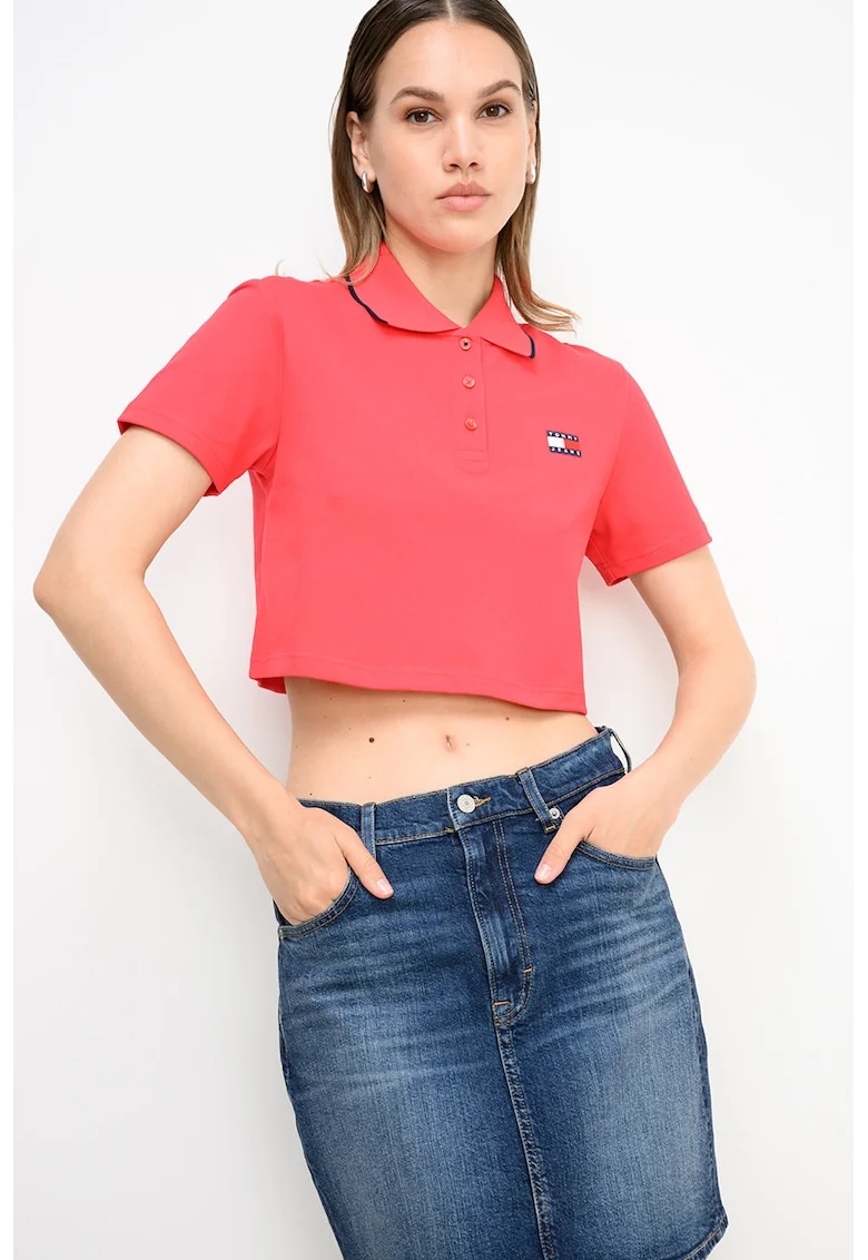 Tricou crop polo Badge, Coral