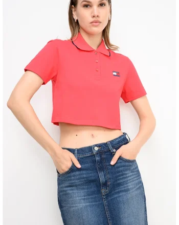 Tricou crop polo Badge, Coral