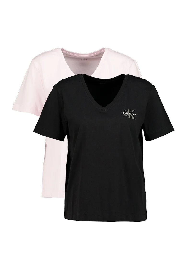 Set de tricouri cu decolteu in V si logo - 2 piese, Negru/Roz pal