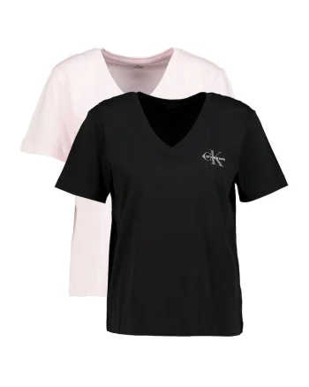 Set de tricouri cu decolteu in V si logo - 2 piese, Negru/Roz pal