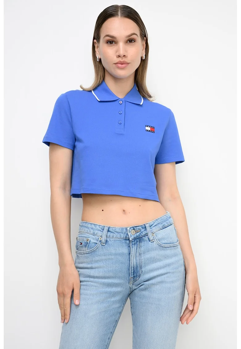 Tricou crop polo Badge, Albastru deschis
