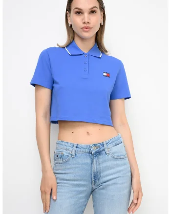 Tricou crop polo Badge, Albastru deschis