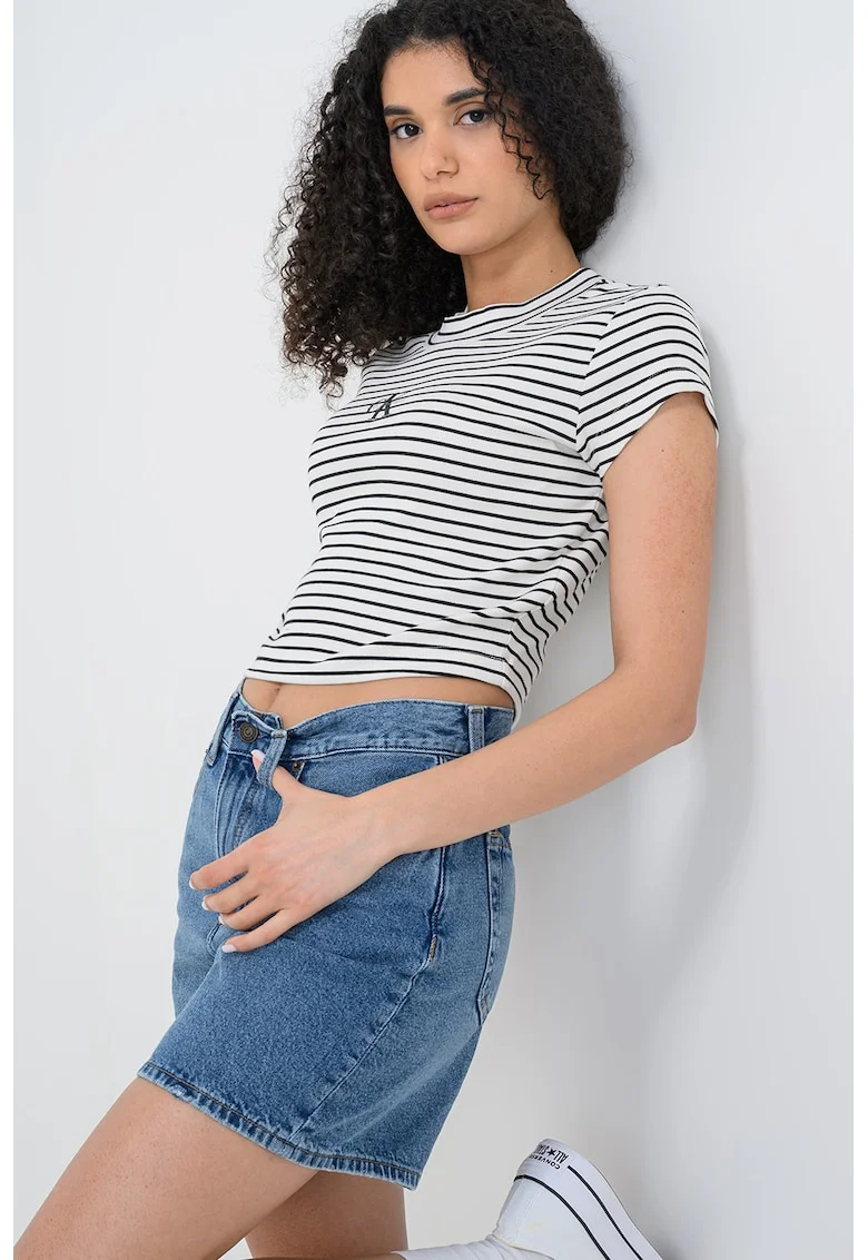 Tricou crop slim fit cu imprimeu, Alb/Negru