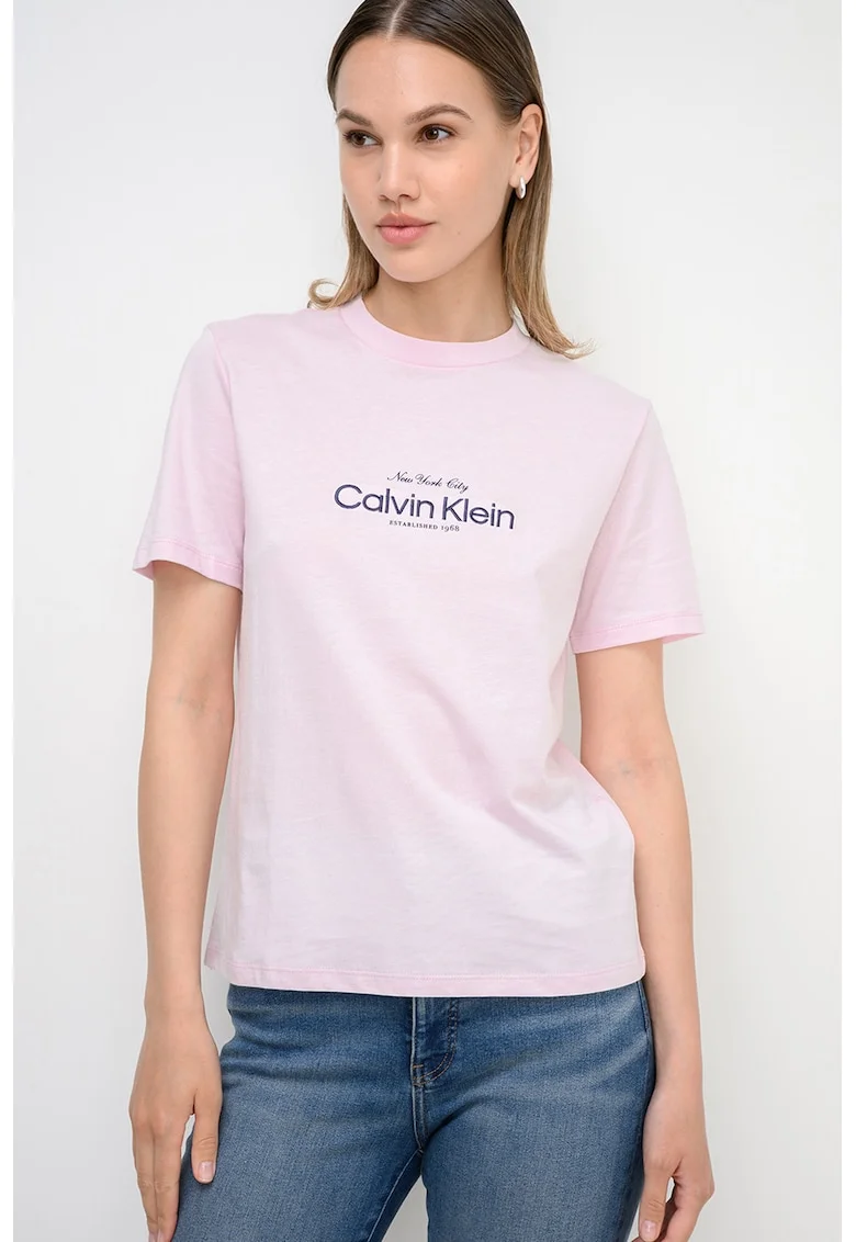 Tricou cu decolteu la baza gatului si imprimeu logo, Roz pal