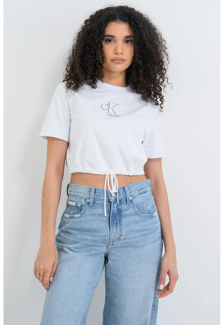Tricou din amestec de bumbac cu snur ajustabil, Alb optic