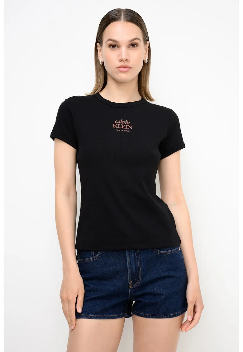 Tricou slim-fit din amestec de bumbac, Negru