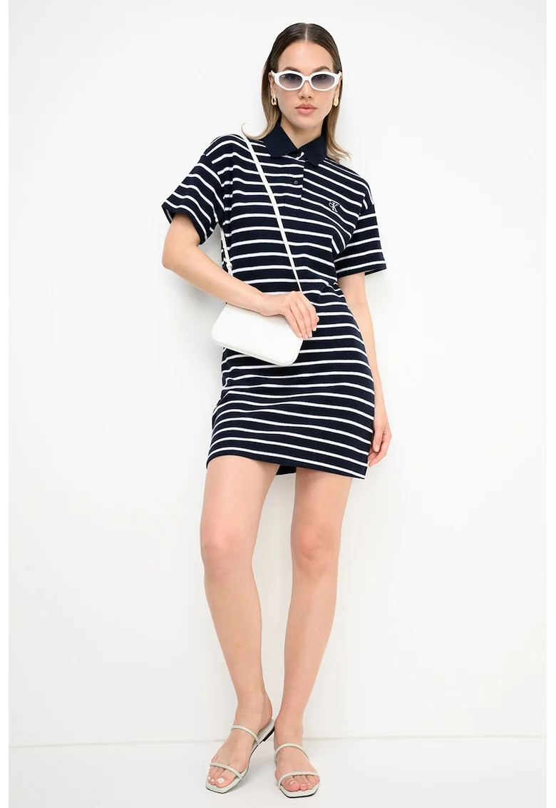 Rochie polo cu croiala dreapta si dungi, Albastru ultramarin/Alb optic