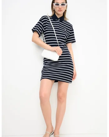 Rochie polo cu croiala dreapta si dungi, Albastru ultramarin/Alb optic