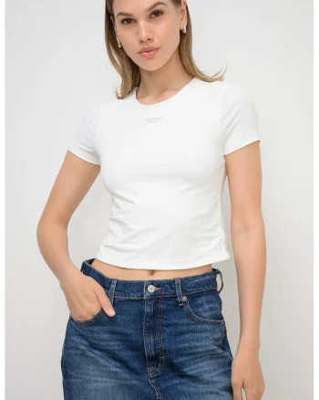 Tricou crop cu logo, Alb murdar