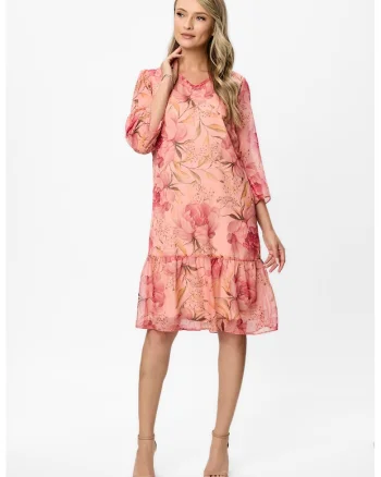 Rochie cu decolteu in V si model floral, Roz