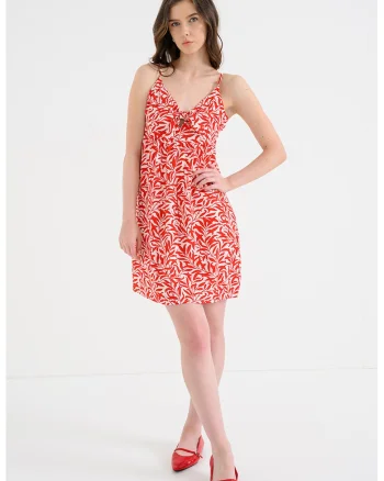 Rochie cu decolteu in V si model, Alb optic/Rosu vermillion