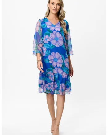 Rochie cu decolteu in V si model floral, Albastru royal/Lila