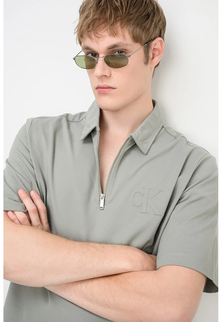 Tricou polo cu fenta cu fermoar, Verde sparanghel
