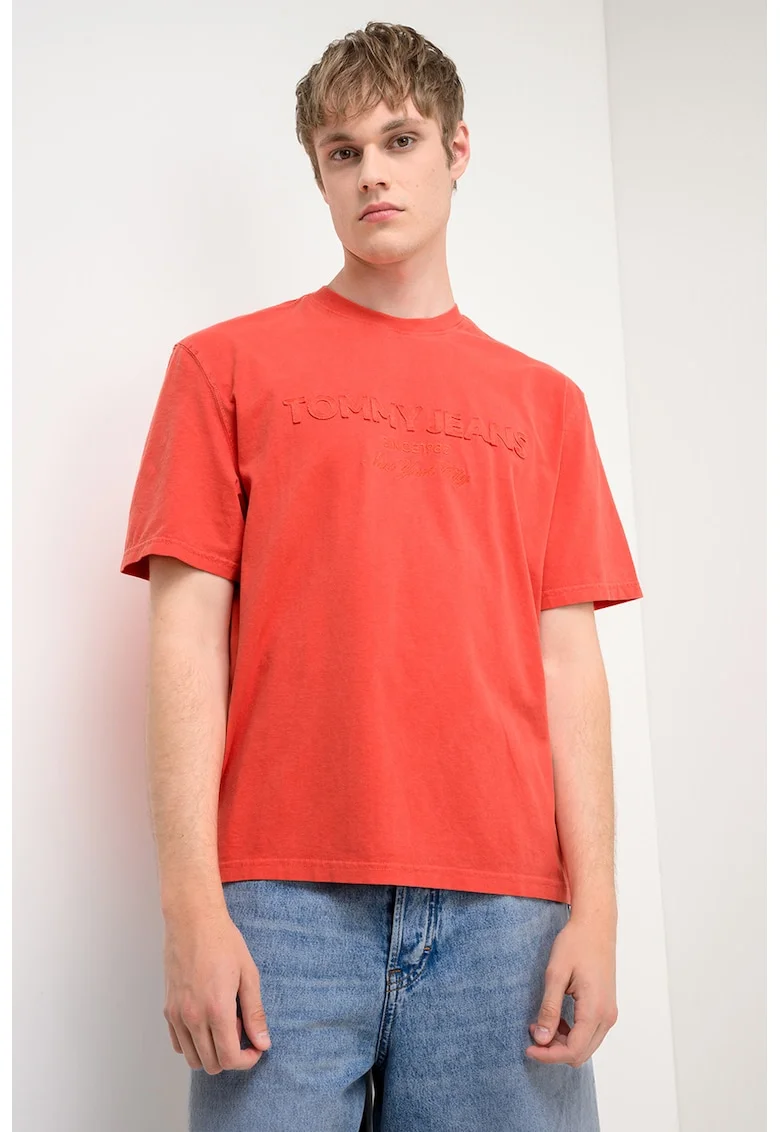 Tricou cu decolteu la baza gatului si imprimeu logo, Portocaliu mandarina