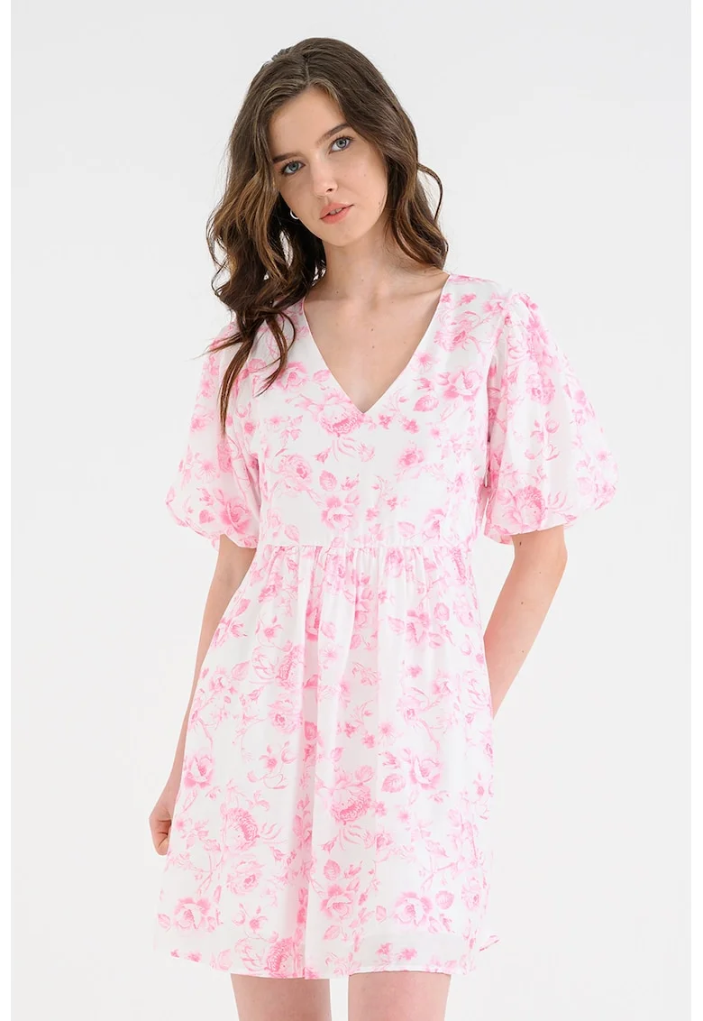 Rochie evazata cu imprimeu floral, Roz deschis/Alb murdar