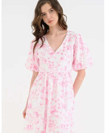 Rochie evazata cu imprimeu floral, Roz deschis/Alb murdar