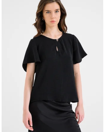 Bluza vaporoasa cu decolteu rotund, Negru