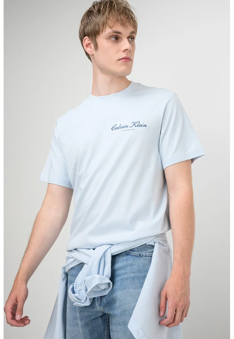 Tricou cu decolteu la baza gatului si logo brodat discret, Albastru glaciar