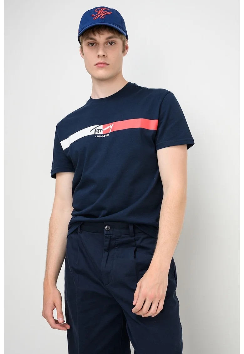Tricou cu decolteu la baza gatului si imprimeu logo, Rosu/Alb/Bleumarin