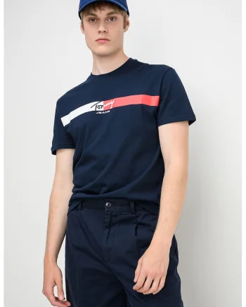 Tricou cu decolteu la baza gatului si imprimeu logo, Rosu/Alb/Bleumarin