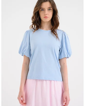 Tricou din bumbac organic cu maneci bufante Pernilla, Albastru pastel