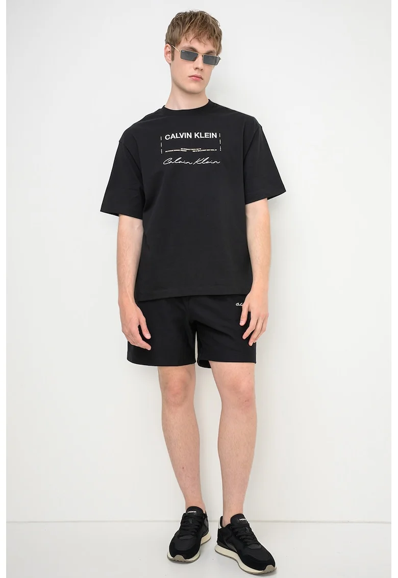 Tricou cu decolteu la baza gatului si imprimeu logo, Negru/Alb murdar