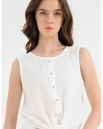 Bluza cu nod frontal, fara maneci, Alb optic