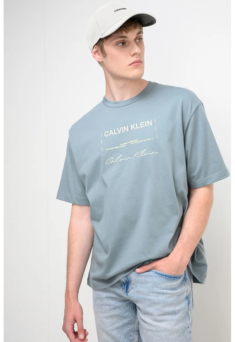 Tricou cu decolteu la baza gatului si imprimeu logo, Verde inchis
