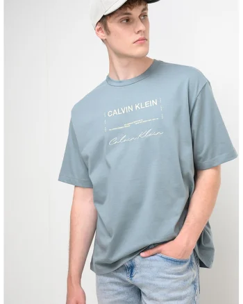 Tricou cu decolteu la baza gatului si imprimeu logo, Verde inchis