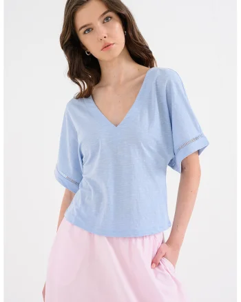 Bluza cu maneci ample scurte si decolteu in V Leylani, Albastru pastel