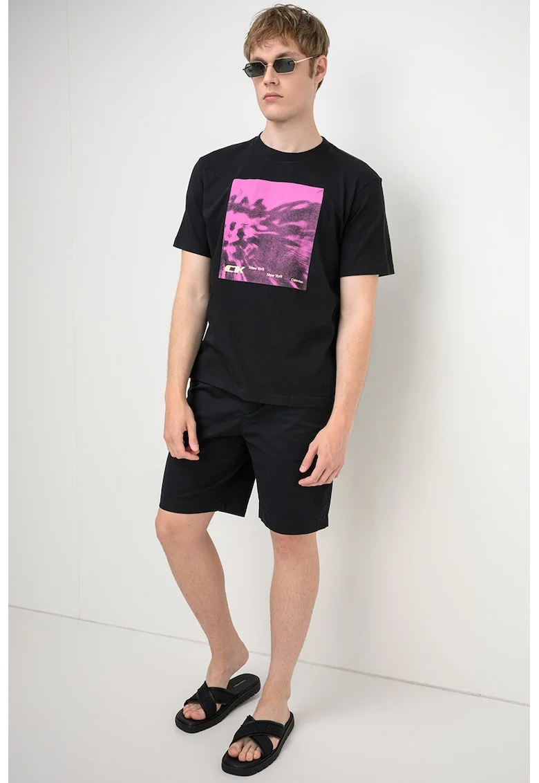 Tricou din bumbac cu imprimeu logo, Negru/Fucsia