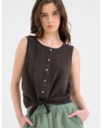 Bluza cu nod frontal, fara maneci, Maro inchis