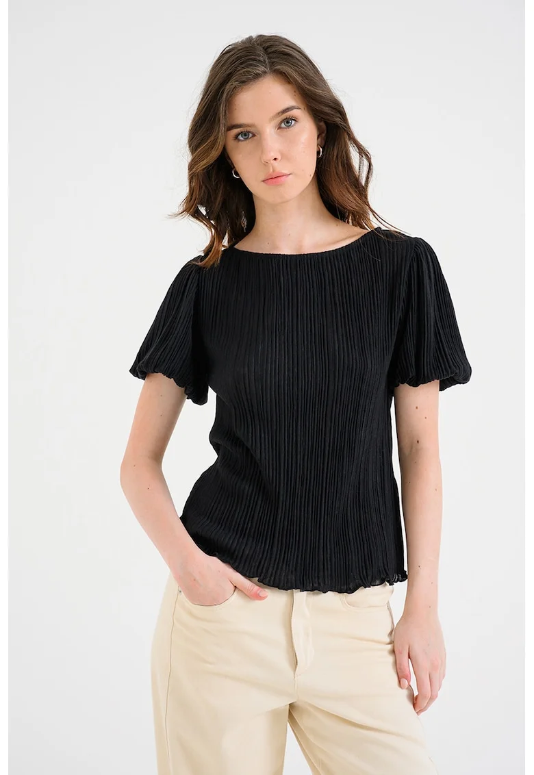 Bluza cu maneci scurte si decolteu barcuta Laika, Negru
