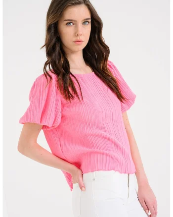 Bluza cu maneci scurte si decolteu barcuta Laika, Roz pastel