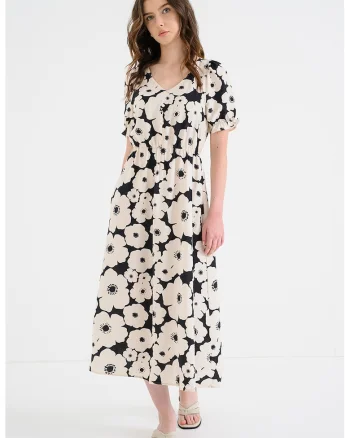 Rochie evazata cu model floral, Negru/Bej