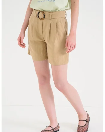 Pantaloni scurti din amestec de lyocell cu talie inalta si pliuri, Caramel